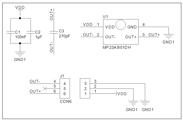 应用电路图 - STMicroelectronics STEVAL-MKI139V5麦克风附连板